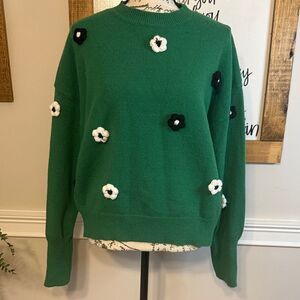 Nanette Lepore Green Sweater with Black and White Floral Accents